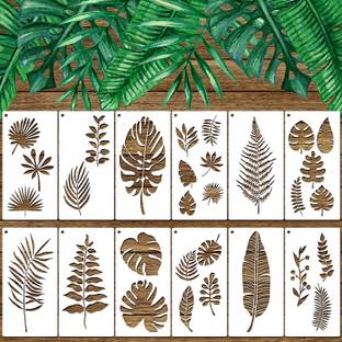 IVANA'S 12 Pieces Reusable Fern Leaf Painting Stencils Tropical Palm Turtle Leaf Wall St encil Flexible Botanical Leaves Template Set Crafts DIY for Furniture Canvas Woo d Plank (4 x 8 Inches) Stencil