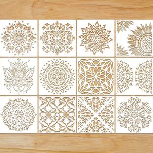 IVANA'S 12 Pieces Large Reusable Mandala Stencil Painting on Wood DIY Design 12 Inch Tem plates Scrapbooking Painting for Wall, Furniture, Canvas, Paper, Fabric, Decorat ion Stencil