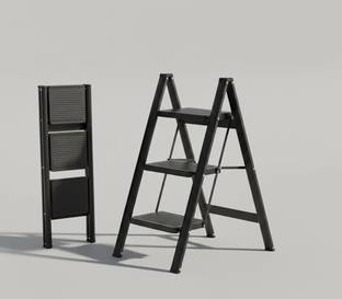 JIALTO 3 Step Foldable Metal Ladder Anti Slip Heavy Duty Stool Black Steel Ladder