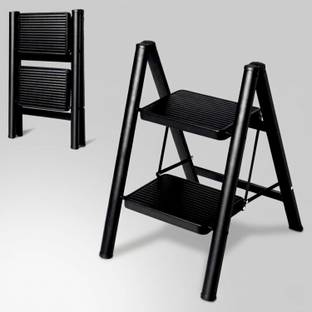 JIALTO 2 Step Foldable Metal Ladder Anti Slip Heavy Duty Stool Black Steel Ladder