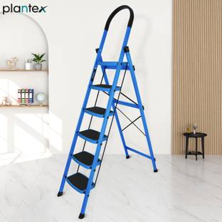 Plantex Prime Steel Folding Ladder for Home - 6 Wide Anti-Skid Steps (Blue & Black) Steel Ladder