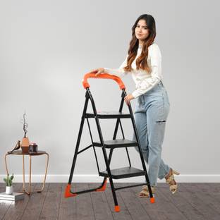 CIPLA PLAST LifeStyle 3 Step Ladder | Steel Heavy Duty Strong | Wide Steps Ladder (Black) Plastic Ladder
