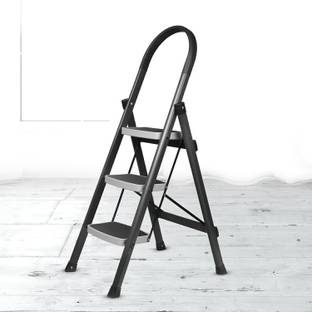 Plantex Premium Steel Folding 3 Step Ladder for Home - 3 Wide Anti Skid Steps (Grey) Steel Ladder