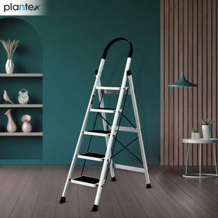 Plantex Anti-Skid Strong Foldable Wide 5 Step Ladder/Ladder for Home-(White-Apex) Steel Ladder