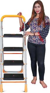 AJAAQI 4 Step Orange Diamond Heavy-Duty Ladder Folding Ladder Made in India Mild Steel Ladder