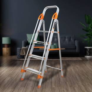 Plantex Secura Fully Aluminium Foldable 4-Step Ladder with Safe Hand Rail(Orange-Silver) Aluminium Ladder