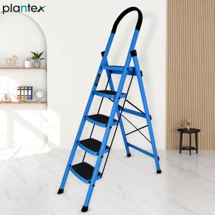 Plantex Prime Folding 5 Step Ladder for Home - 5 Wide Anti-Skid Steps (Blue & Black) Steel Ladder