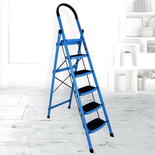 IMPULSE Prime Steel Folding 6 Step Ladder for Home - 6 Wide Anti Skid Steps (Blue & Black) Steel Ladder