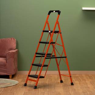 BonKaso Steel Climb Easy Anti-Slip 5-Step Foldable Ladder with Safety Clutch Lock Steel Ladder