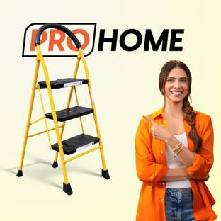 ProHome 3 Step Foldable Steel Ladder for Home | Ladder with Anti-Slip Shoes Steel Ladder
