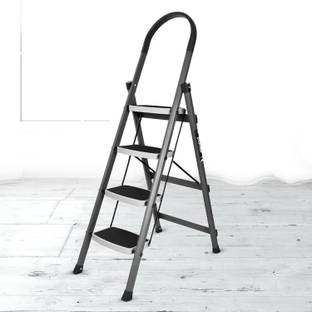 Plantex High-Grade Heavy Steel Folding 4 Step Ladder for Home - 4 Wide Anti-Skid Steps (Gray & White) Steel Ladder