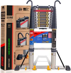 EURO Telescopic ladder 6.7 meter ( 22.5 ft ) - Pole Grip - Hook Kit - SideStabilizer Aluminium Ladder