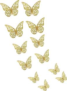 Indian Royals 90 cm 3D Butterfly Wall Sticker ( Golden , Set of 12 pcs) Self Adhesive Sticker