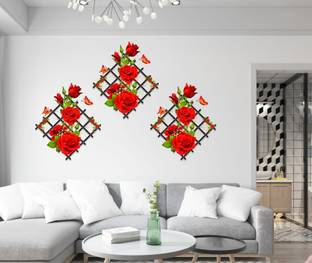 DivineDesigns 41 cm Red Roses Flowers Wall Sticker, Pack of 3pcs 16 inch each Self Adhesive Sticker