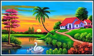 Angeldecor 1 cm Sunset Village Scenery Sticker Eirthwater Wall Décor Size [76X46] Cm Self Adhesive Sticker