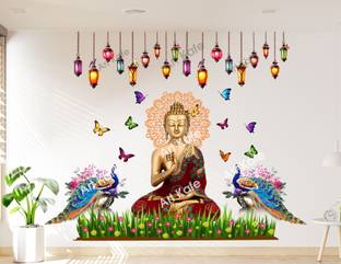 DivineDesigns 72 cm Red Gaumtam Buddha Peacock Wall Self Adhesive Sticker