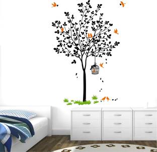 Decal O Decal 120 cm ' Black Tree With Birds Cage And Nest ' Self Adhesive Sticker