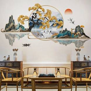 JAAMSO ROYALS 60 cm Chinese Style Feng Shui Scenery Flowers Tree Animals PVC Vinyl Wall Sticker Self Adhesive Sticker