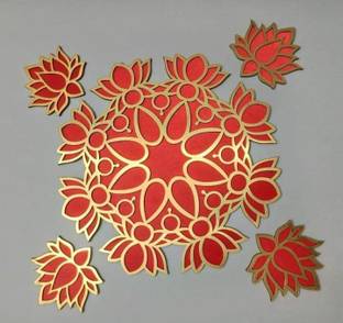 Vartanu 8 inch 1 big acrylic gold and red 4" lotus floral madal + 8" small lous rangoli stencil Self Adhesive Sticker