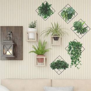 InkHex 28 cm Wall Stickers Plants Monstera Leaf Ivy Grid Green Leaves Wall Art Stickers Self Adhesive Sticker