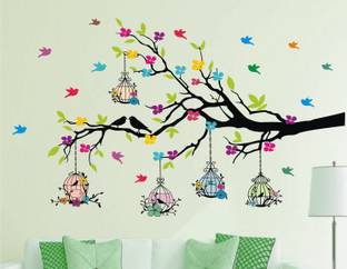 Heaven Decors 127 cm Natural Tree - Colorful Birds - Birdcage (Ideal Size - Large ) Self Adhesive Sticker