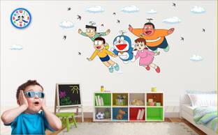 KUKU HOME DÉCOR 122 cm Doraemon-Nobita-Shizuka-Gian-Suneo Flying in the sky with clouds Self Adhesive Sticker