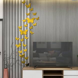 WallBerry 90 cm 12 Golden Butterfly Crystal Acrylic Mirror Wall Sticker Self Adhesive Sticker