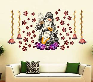 DivineDesigns 46 cm Colorful Shiv Parvati Ji with Leaves & Bells Wall Sticker Self Adhesive Sticker