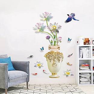 JAAMSO ROYALS 90 cm Lotus 3D Vase Self Adhesive Decorative Wallsticker ( 60 CM X 90 CM ) Self Adhesive Sticker