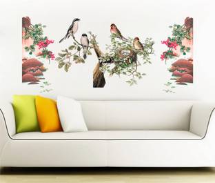 WallHunt 94 cm Birds On branch Scenery Self Adhesive Sticker