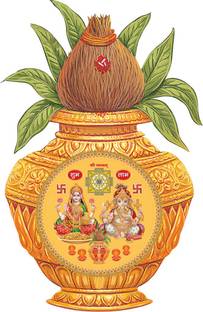 god & god's 41 cm Laxmi & Ganesh Ji on Yellow Kalash Self Adhesive Sticker