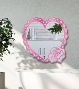 JAAMSO ROYALS 25 cm Pink Color Heart Shape With Pink Rose Acrylic Mirror Sticker (25 CM x 25 CM) Self Adhesive Sticker