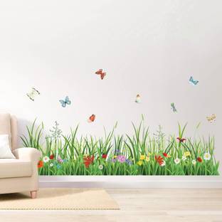 Inkfence 132 cm Green Grass Wall Corner Stickers Flowers Butterflies Baseboard Skirting Line Self Adhesive Sticker