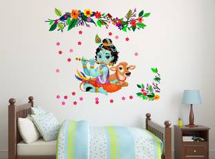 WALLDECORS 91.44 cm DECORATIVE FLOWERS AROUND LORD KRISHNA WITH FLUTE NEAR DEER WALL STICKER Self Adhesive Sticker