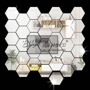 RadhaKripa Hexagon 32 with 20 Butterfly Silver 3D Mirror Stickers Wall Stickers Acrylic Pack of 32