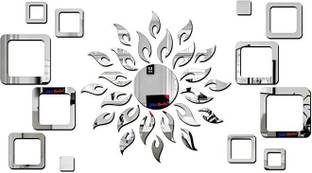 Bikri Kendra 45 cm Acrylic Glass Mirror 3D Sun with 2 Square Silver Wall Mount Stickers Self Adhesive Sticker