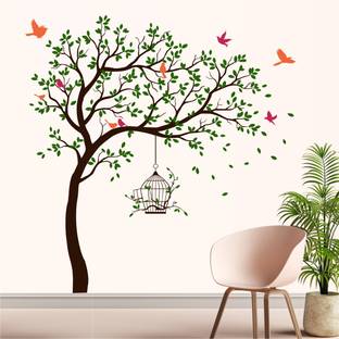 rawpockets 175 cm Ivory Tree with Birds and Cage Self Adhesive Sticker