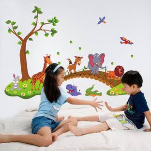 Flipkart SmartBuy 60 cm Jungle Animals Tree and Walking on Bridge Baby Room Nursery Wall Decor Reusable Sticker