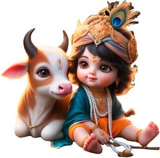 Riditcreation 50 cm kanha with cow Self Adhesive Sticker