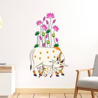 rawpockets 100 cm Kamadhenu Cow and Calf with Lotus Self Adhesive Sticker