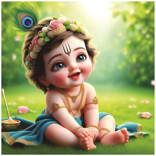 Baby Smiley Bal Krishna With Cow God Wall Poster for Pooja Room, Livingroom, Bedroom, Office, Kidsroom (Size - 41 CM x 41 CM) Vinyl