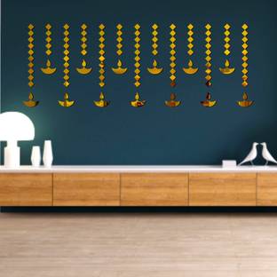 Grahak Trend 110 cm 12 Diwali Diya with Square Golden Decorative Wall Sticker Self Adhesive Sticker