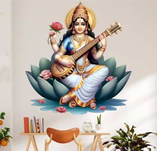MEHMETDECOR 55 cm Saraswati Maa Wall Stickers & Murals Size - 55x58cm Self Adhesive Sticker