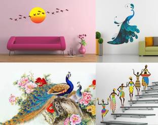 EJAart 25 cm Set of 4 Multicolor Wall Sticker Royal Peacock|Modern Peacock|Sunrise With Flying Bird|Tribal Lady Material - Vinyl Self Adhesive Sticker