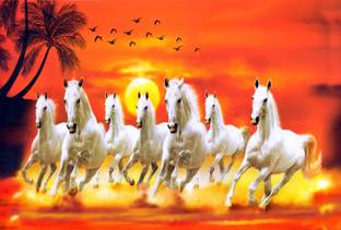 ShubhFly 48 cm Seven Horses Sticker - Vastu Seven White Horses Running Stickers for Wall Decor Self Adhesive Sticker