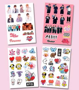 The K Fandom 21 cm BTS - BT21 Stickers ( Pack of 4 Sheets ) Total 65 Stickers Self Adhesive Sticker