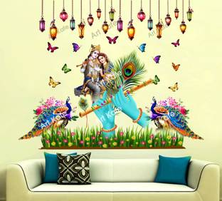 DivineDesigns 72 cm Radha Krishna Murli Manohar Butterfly Peacock Wall Sticker Self Adhesive Sticker