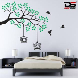 Divine studio 45 cm Trending Green Birds Flying, Nest and Tree Printed Wall Sticker Self Adhesive Sticker