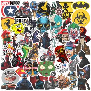 CLICKEDIN 5.08 cm Cool Marvel & Superhero Sticker Multi-color Pack of 50 High Quality Sticker Self Adhesive Sticker
