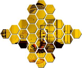 Chote Mote Seller 12 cm 32 Hexagon with butterfly Golden mirror sticker for wall Self Adhesive Sticker